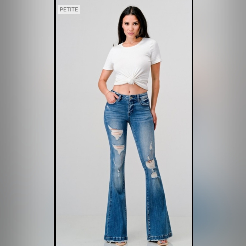 Petite Mid-Rise Stretch Tie Flare
